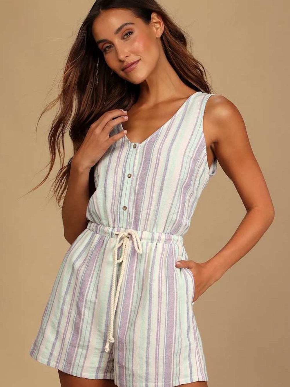 Lulu’s Forever Adventure Lilac Multi Striped Drawstring Romper (3/1)